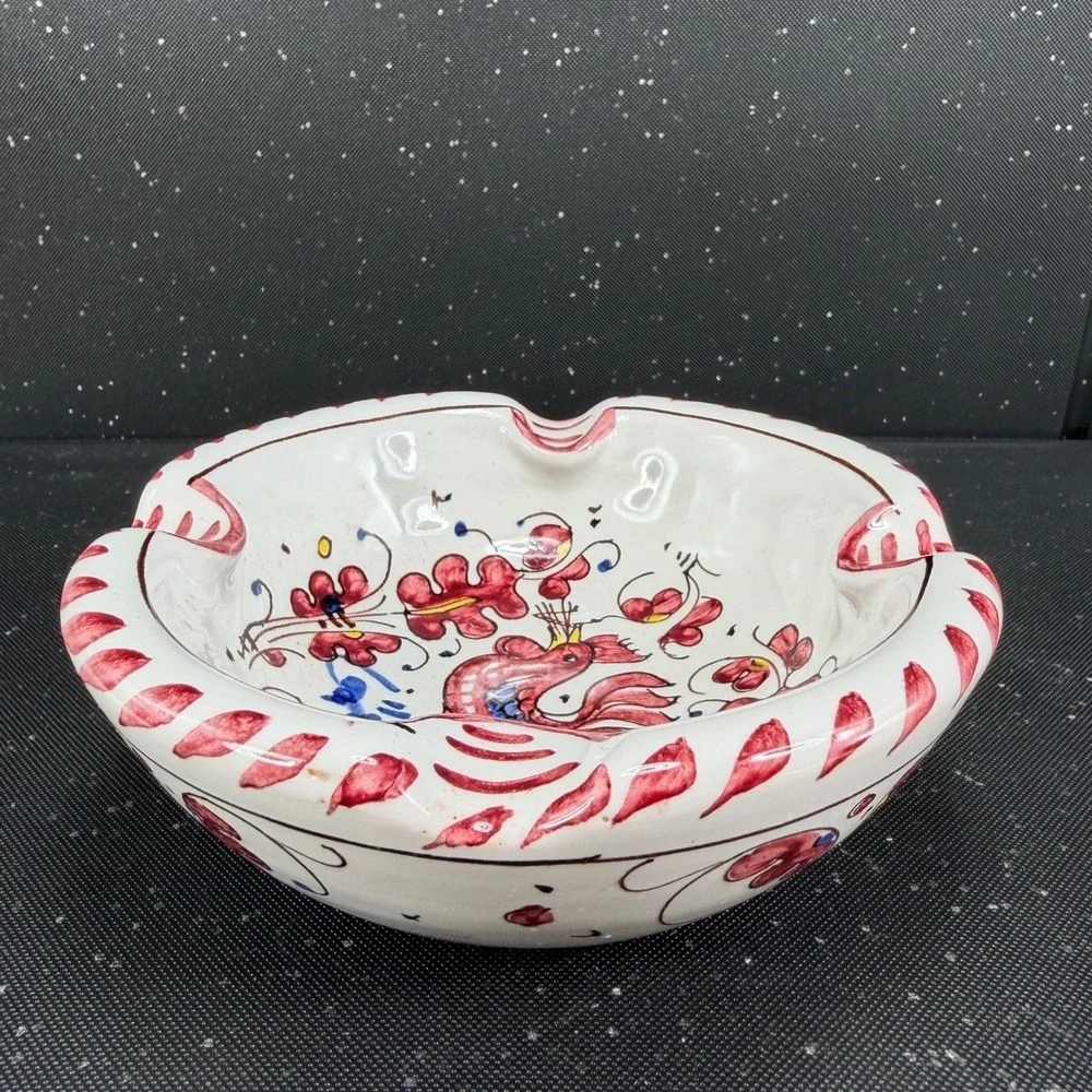 Vintage PV Italy Hand Painted Ceramic Rooster Ash Holder Red Floral Bowl 6724 D